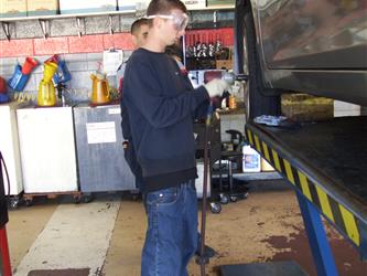 students working on car