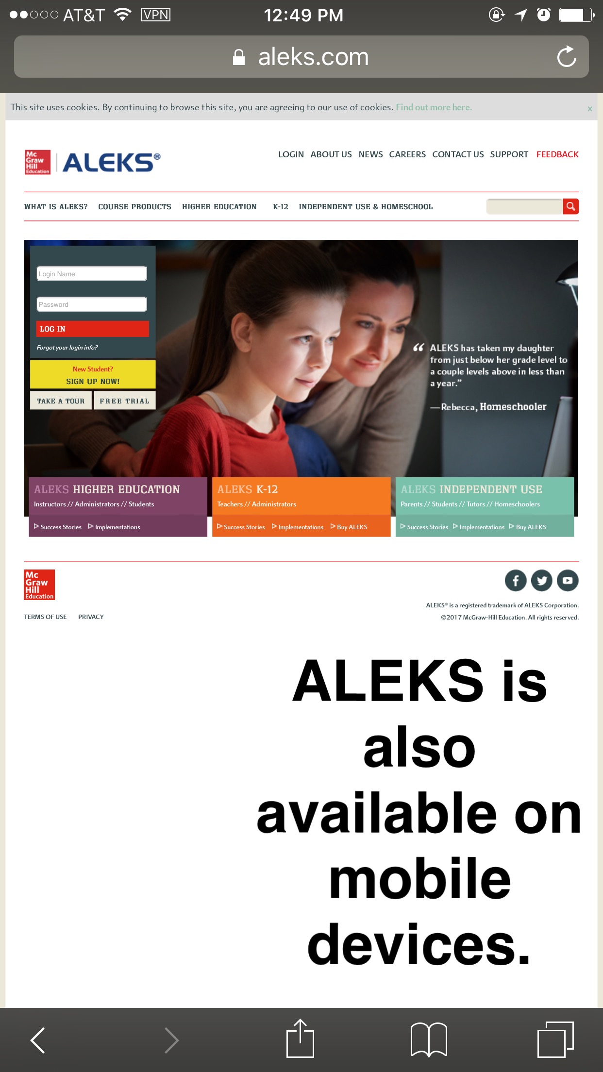 phone screenshot of ALEKS website